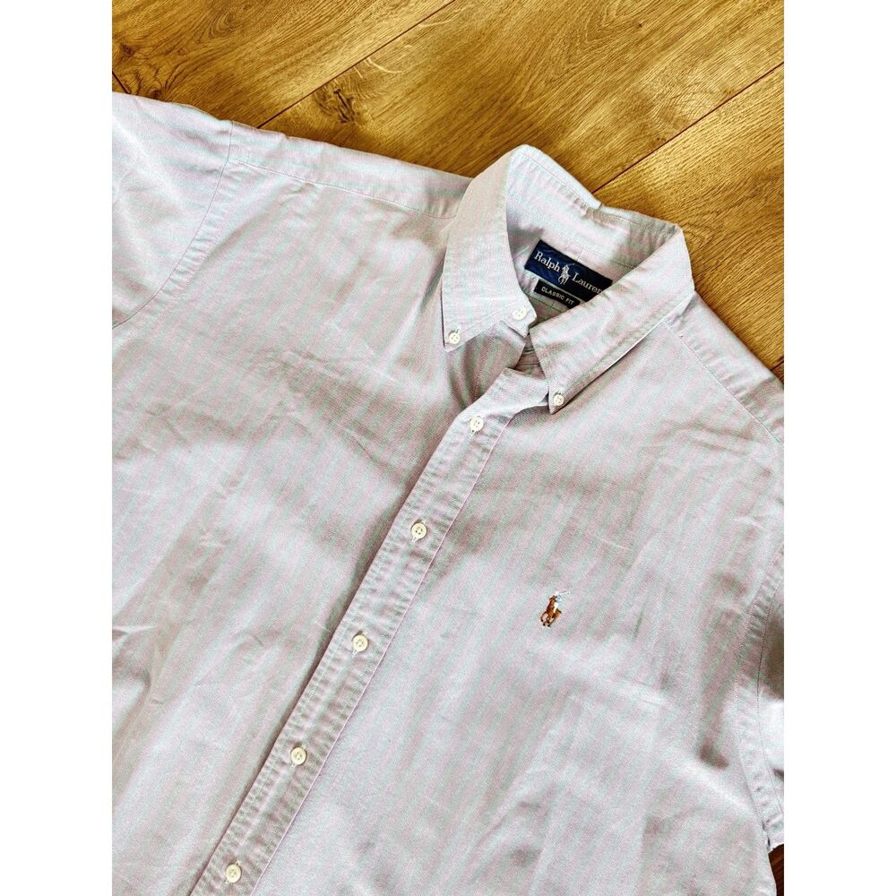 RALPH LAUREN XL Classic Fit Button Up Purple Stripe Logo Shirt Spring Cotton